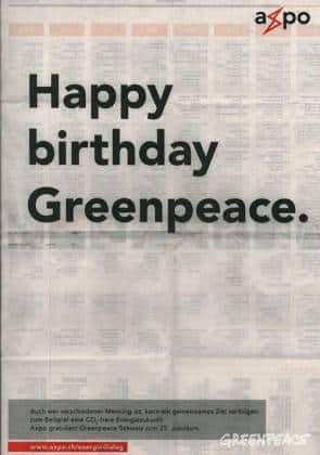 Liebe Axpo. Vielen Dank für die Glückwünsche zum 25-Jahr-Jubiläum von Greenpeace