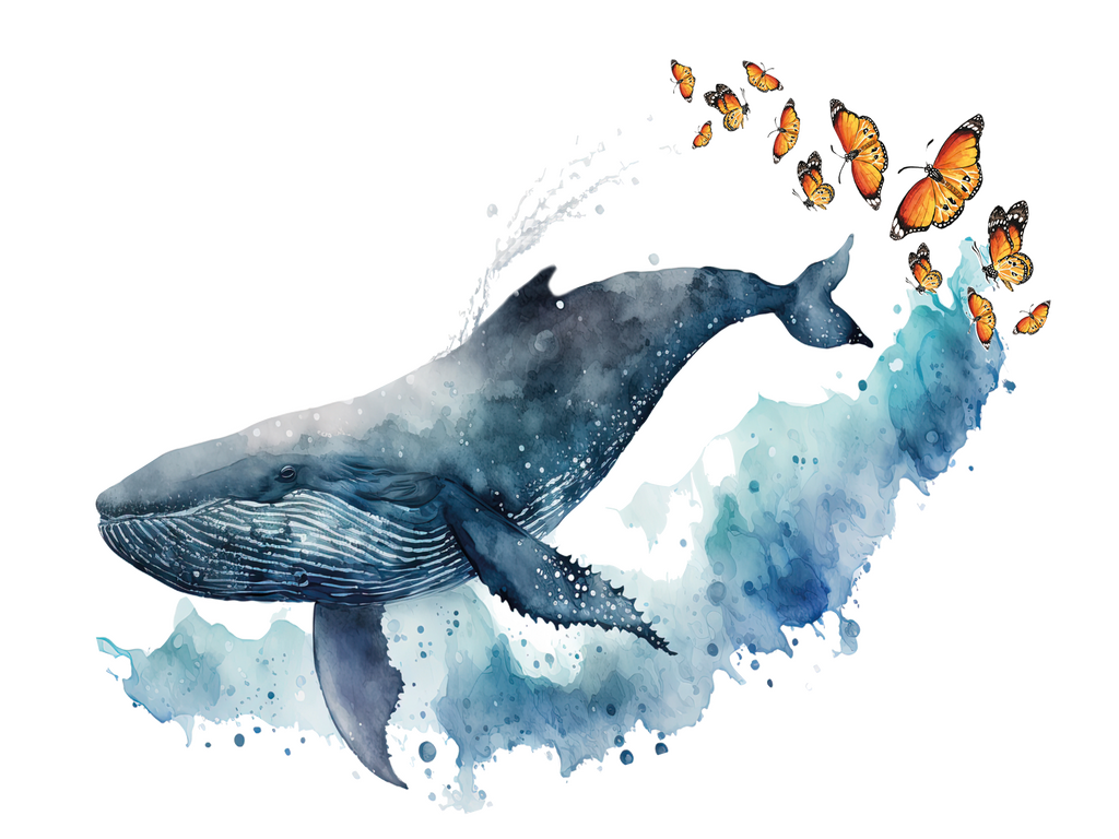 Aquarell illustration of a whale and butterflies